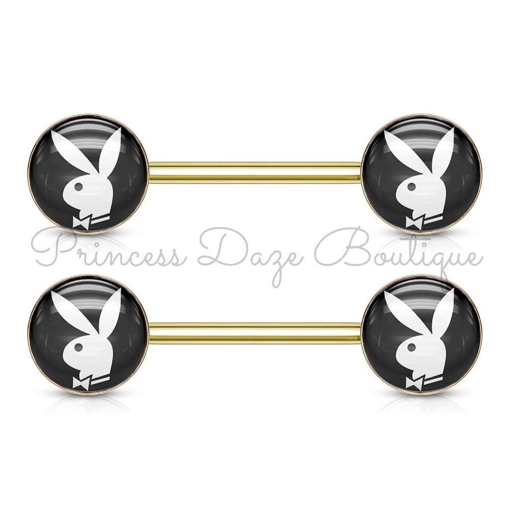 Playboy Bunny Gold/Black Barbell Nipple Rings‎